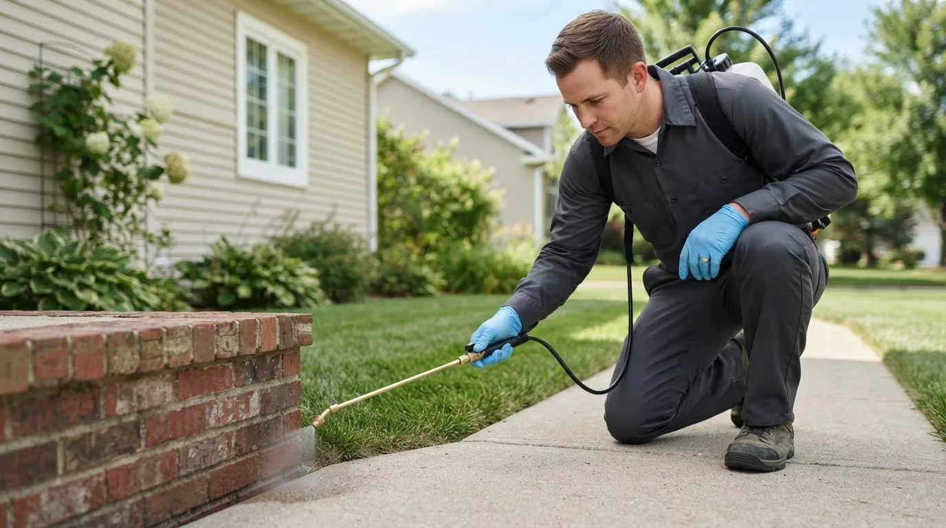 Pest control technician treating a home near Zenda, WI